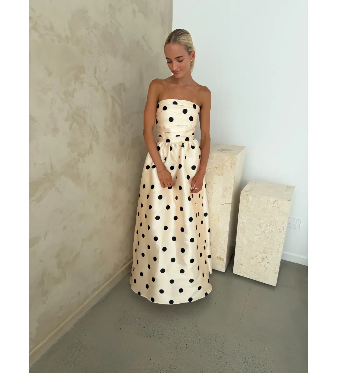 Pasduchas Dottie Strapless Midi Dress in Cream/ Black Size AU 10 for rent on The Volte - main image