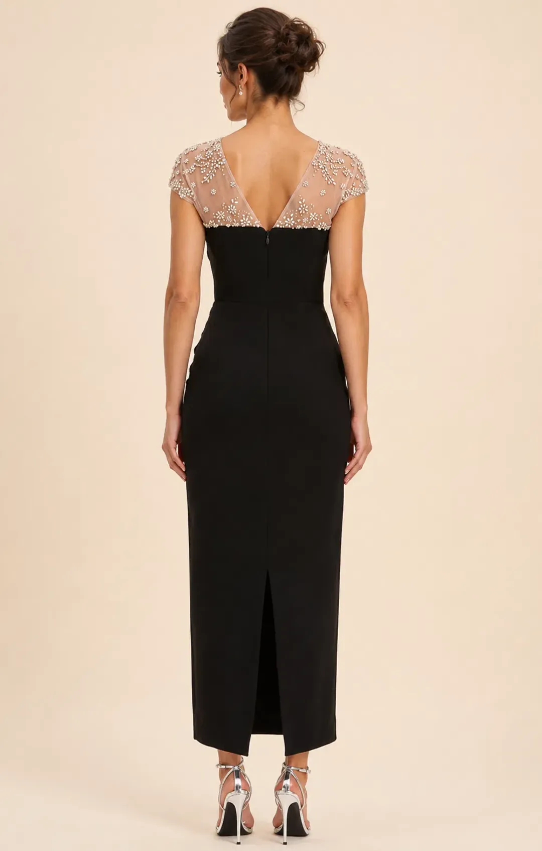 Rachel Gilbert Dottie Floral Crystal Sheer Draped Midi Dress in Black Size AU6 for rent on The Volte - main image