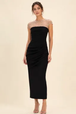 Rachel Gilbert Dottie Floral Crystal Sheer Draped Midi Dress in Black Size AU6 for rent on The Volte - image 1