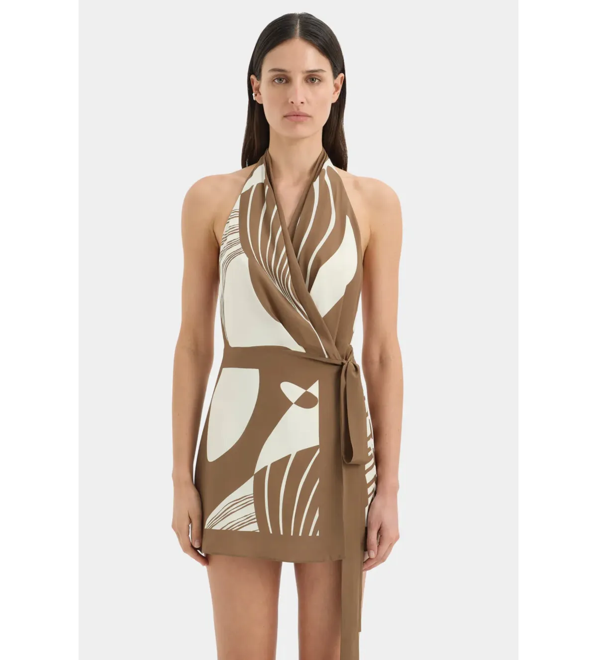 Sir The Label Almara Wrap Halter Mini Dress Espresso Stripe Size 2 / AU 10 - Image 2