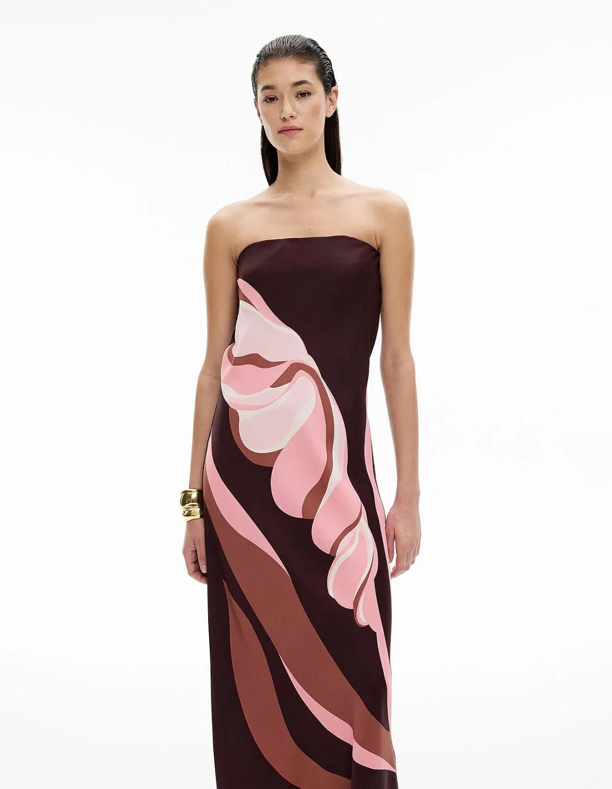 Witchery Strapless Maxi Dress Aubergine Print Size AU 10 - Image 2