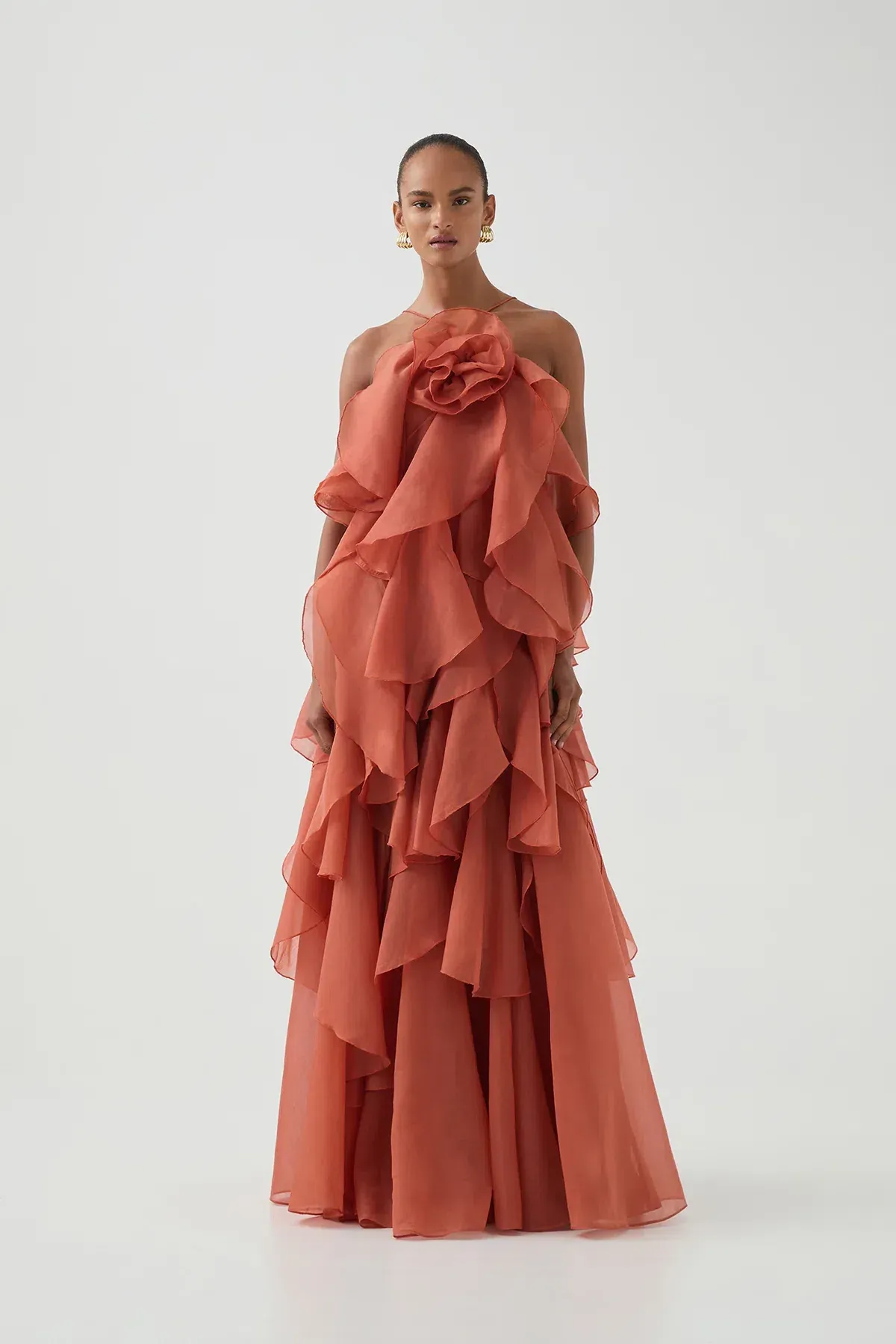 Aje Pandorea Layered Maxi Dress Coral Clay Size AU 8 for rent on The Volte - main image