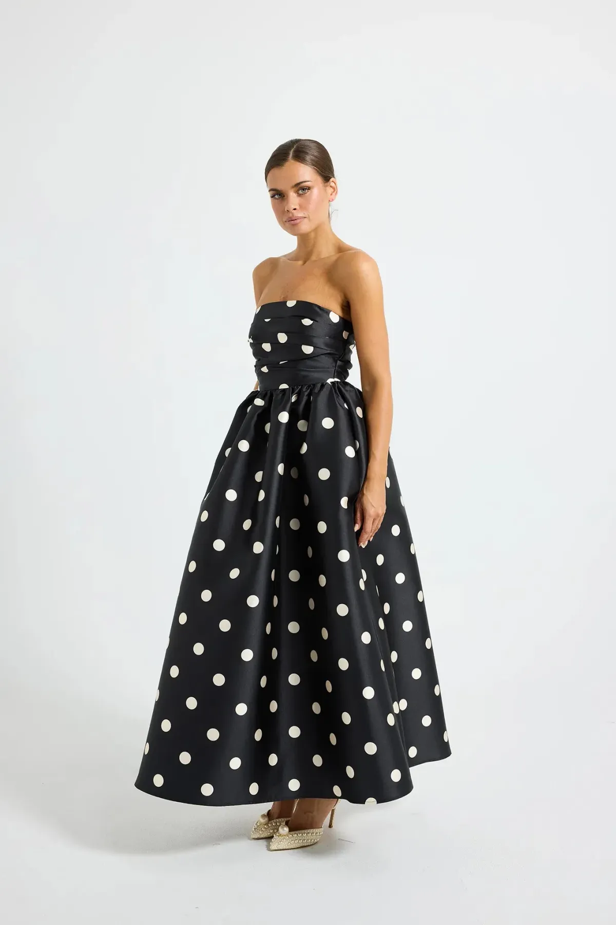Pasduchas Dottie Strapless Midi Dress Polka Dot Black/Cream Size 10 - Image 1