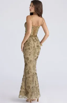House of CB Naima Olive Bronze Hand Beaded Embellished Corset Maxi Dress Size M/Au 10 for rent on The Volte - image 2