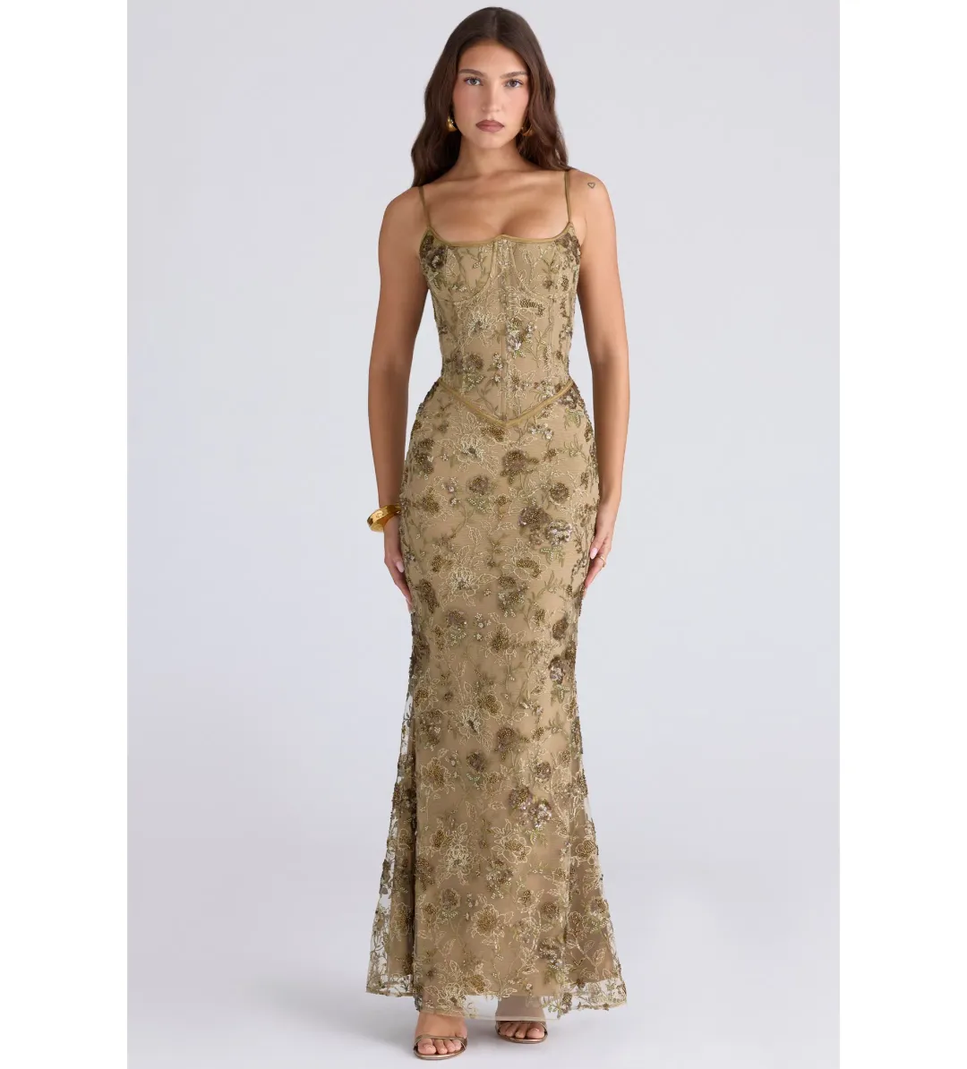 House of CB Naima Olive Bronze Hand Beaded Embellished Corset Maxi Dress Size M/Au 10 for rent on The Volte - main image