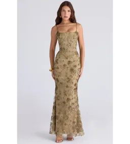 House of CB Naima Olive Bronze Hand Beaded Embellished Corset Maxi Dress Size M/Au 10 for rent on The Volte - image 1