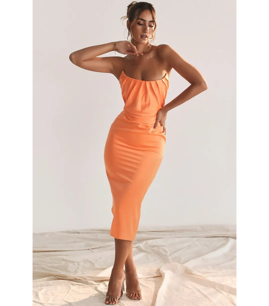 House Of CB Alora Strapless Corset Midi Dress Tangerine Size S / AU 8 for rent on The Volte - main image