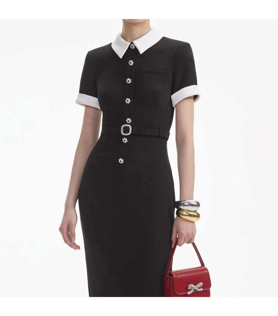 Self Portrait Crepe Contrast Midi Dress Black Size S / AU 8 for rent on The Volte - main image