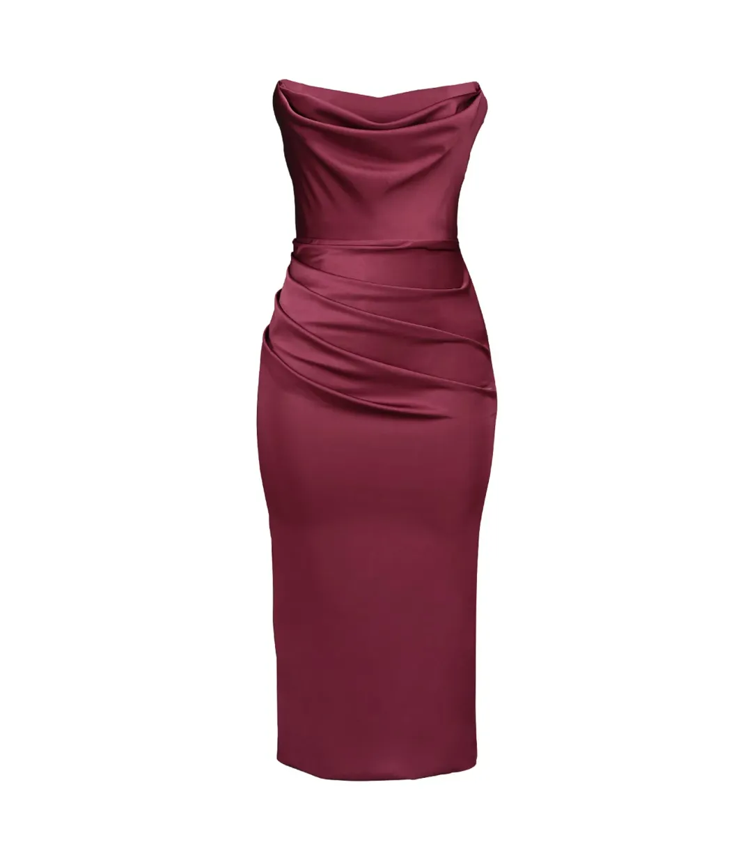 House Of CB Santana Satin Strapless Midi Dress Berry Size M / AU 10 for rent on The Volte - main image