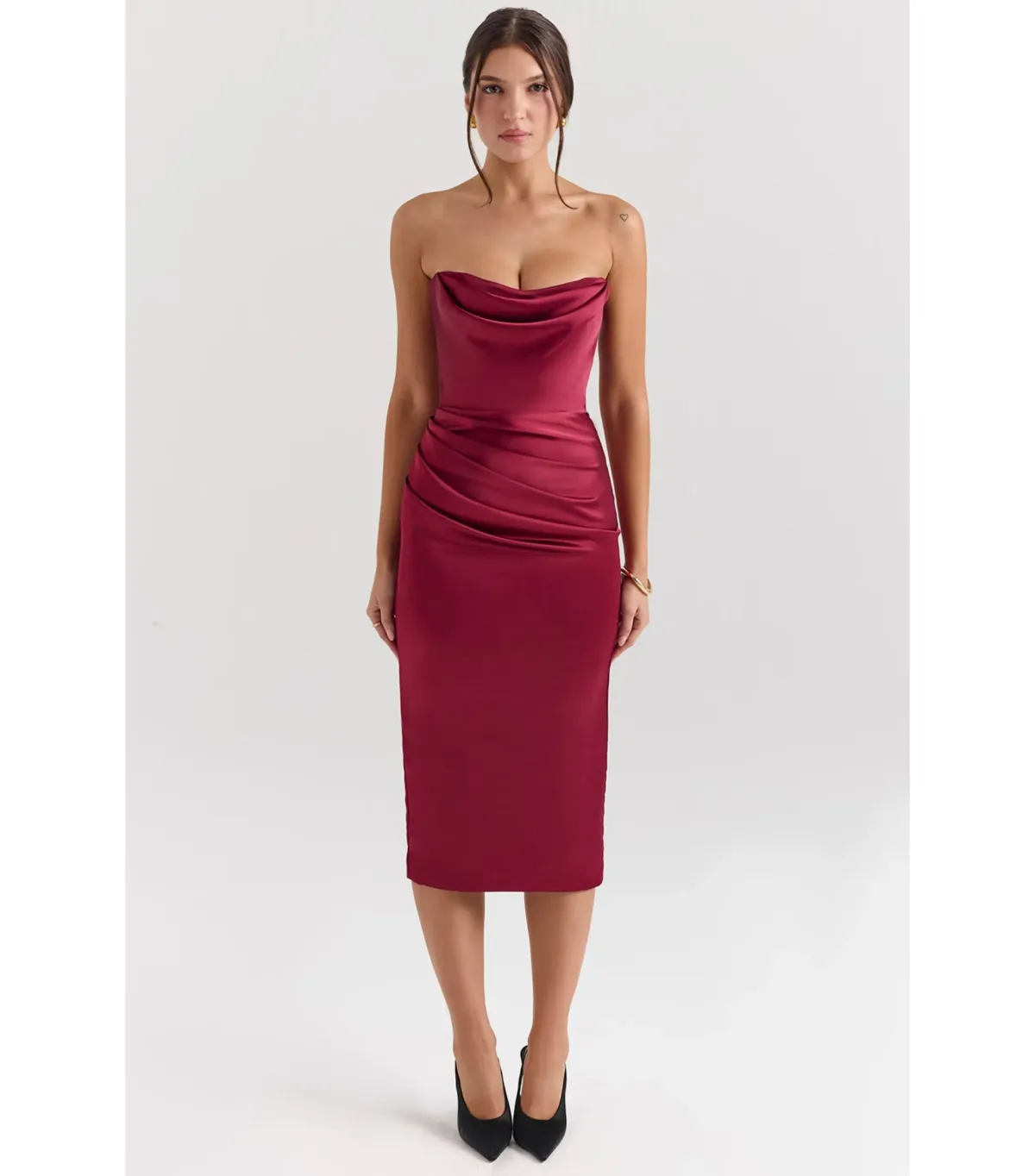 House Of CB Santana Satin Strapless Midi Dress Berry Size M / AU 10 for rent on The Volte - main image
