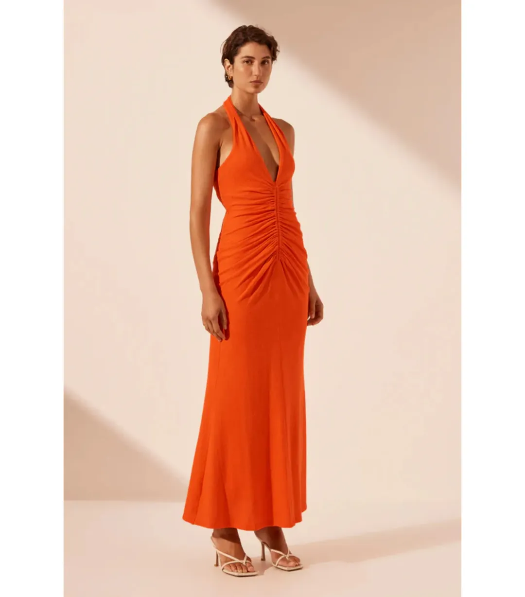 Shona Joy Beau Halter Ruched Midi Dress Hibiscus Size AU 8 for rent on The Volte - main image