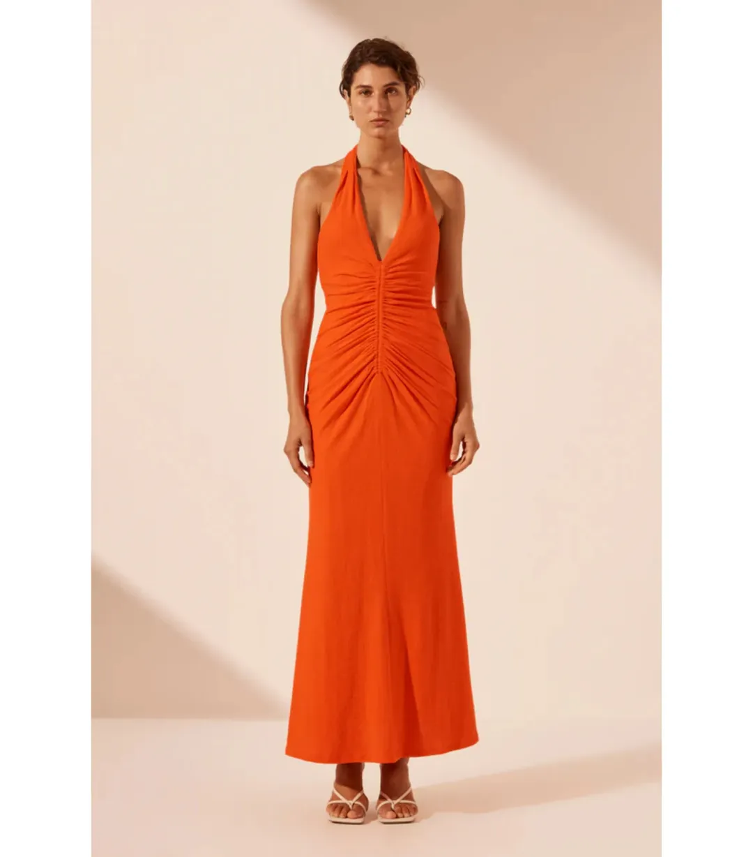 Shona Joy Beau Halter Ruched Midi Dress Hibiscus Size AU 8 for rent on The Volte - main image