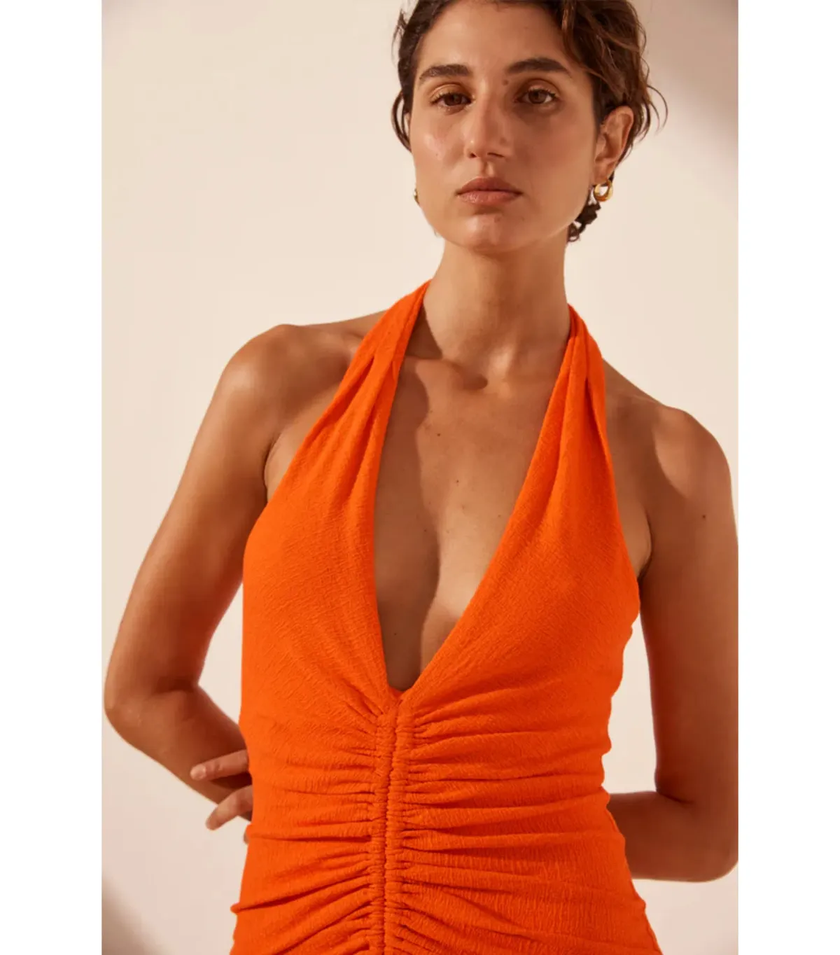 Shona Joy Beau Halter Ruched Midi Dress Hibiscus Size AU 8 - Image 2