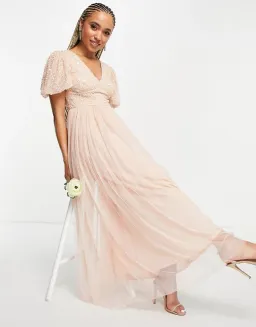 Beauut Bridesmaid Sequin Embellished Maxi Dress with Tulle skirt in pink for rent on The Volte - image 2