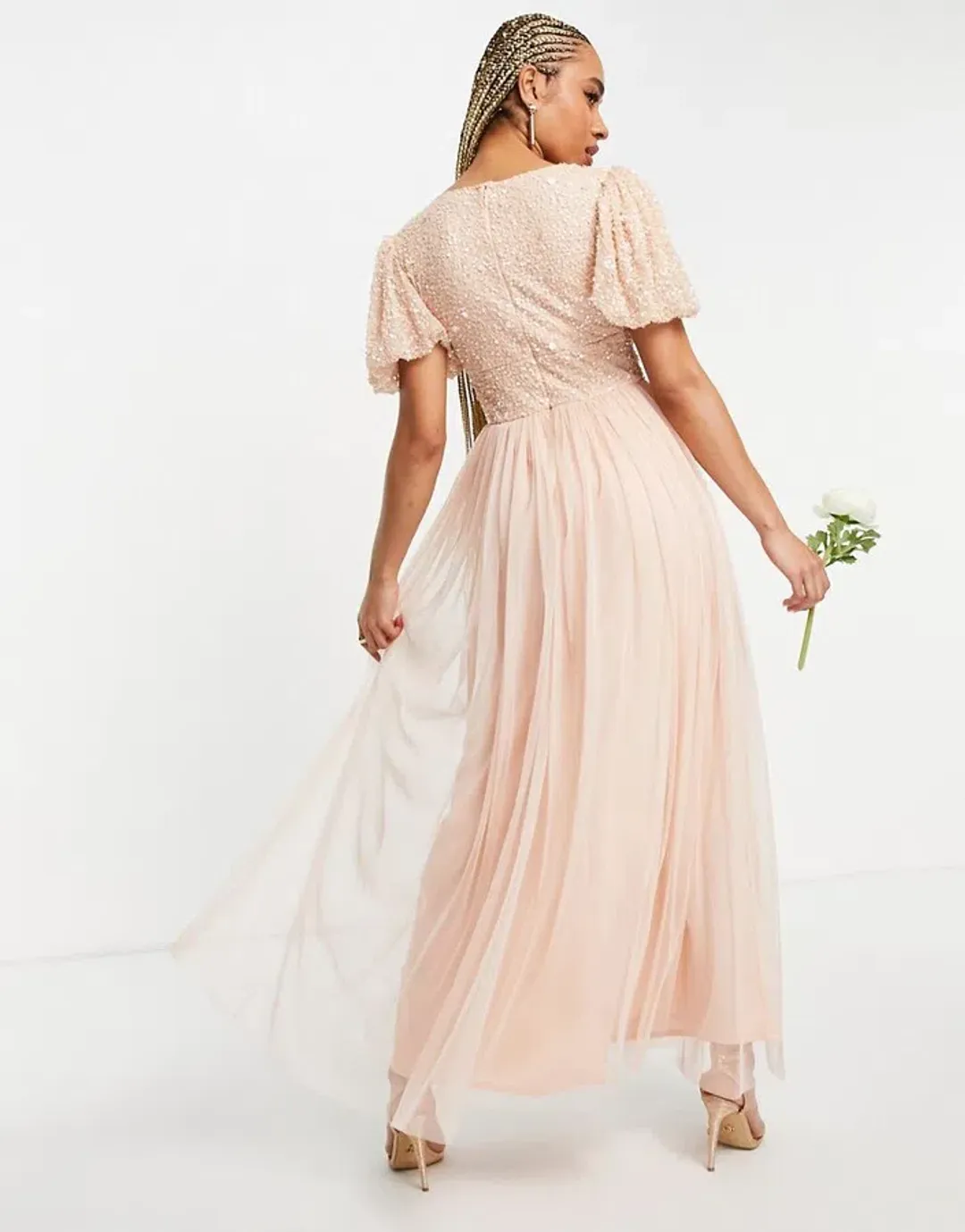 Beauut Bridesmaid Sequin Embellished Maxi Dress with Tulle skirt in pink for rent on The Volte - main image