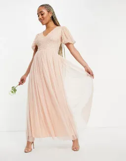 Beauut Bridesmaid Sequin Embellished Maxi Dress with Tulle skirt in pink for rent on The Volte - image 1