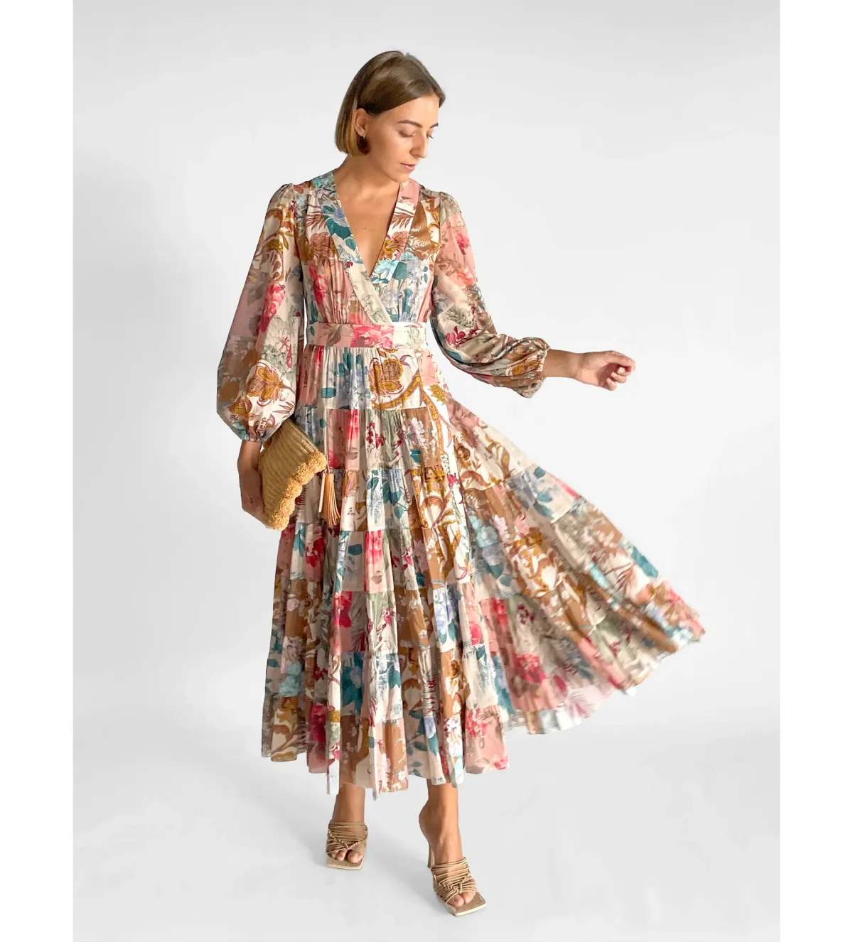 Zimmermann Cassia Patchwork Wrap Midi Dress Print Size 2/AU12 - Image 1