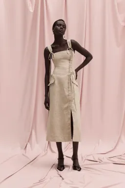 Aje Morgan Midi Dress in Nude Beige Size 8 for rent on The Volte - image 1