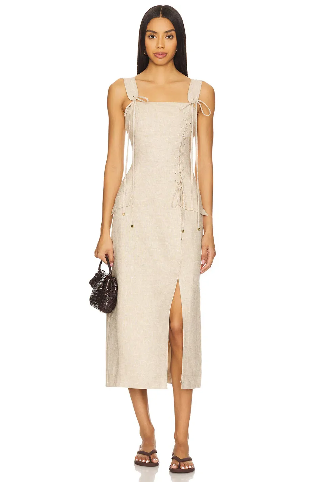 Aje Morgan Midi Dress in Nude Beige Size 8 for rent on The Volte - main image