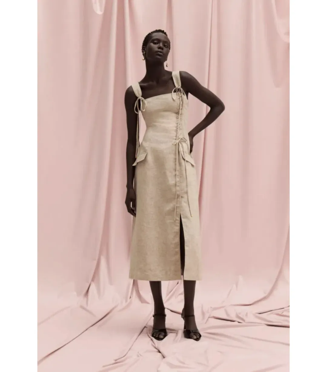 Aje Morgan Midi Dress Beige Size AU 14 for rent on The Volte - main image
