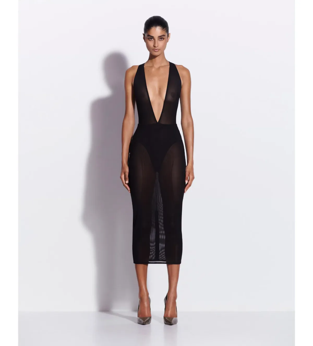 Alex Perry Halter Midi Dress in Stretch Mesh Black AU 8 - Image 1