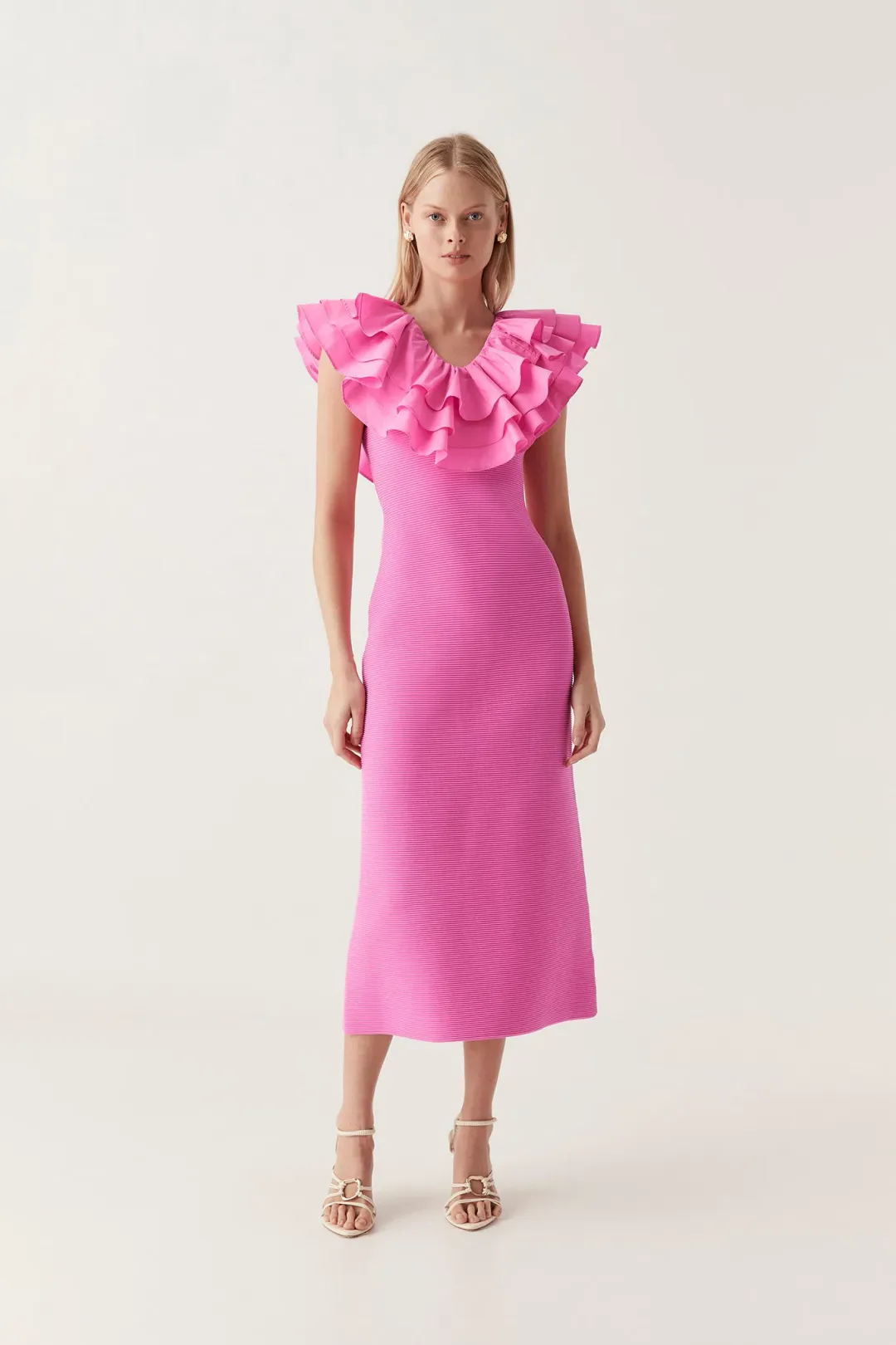 Aje Transcendent Ruffle Midi Dress in Pink Size S / AU 8 for rent on The Volte - main image