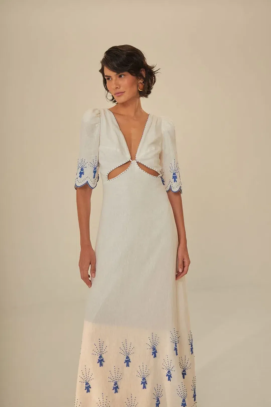 Farm Rio Sea of Fish Embroidered Midi Dress in Off White Size AU6 for rent on The Volte - main image