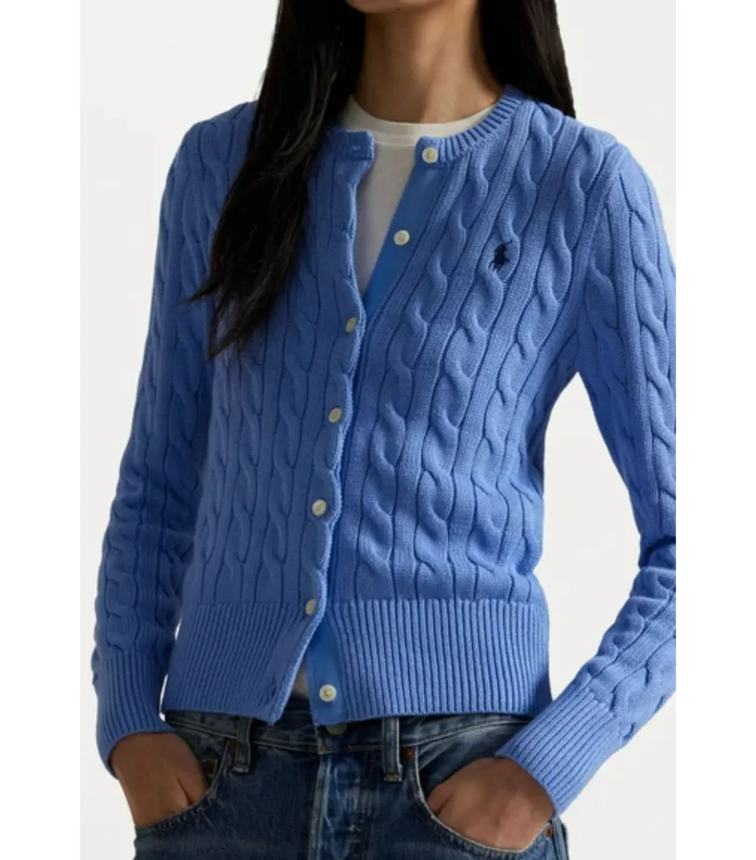 Polo Ralph Lauren Cable-knit Cotton Crewneck Cardigan Blue Size AU 8 for rent on The Volte - main image
