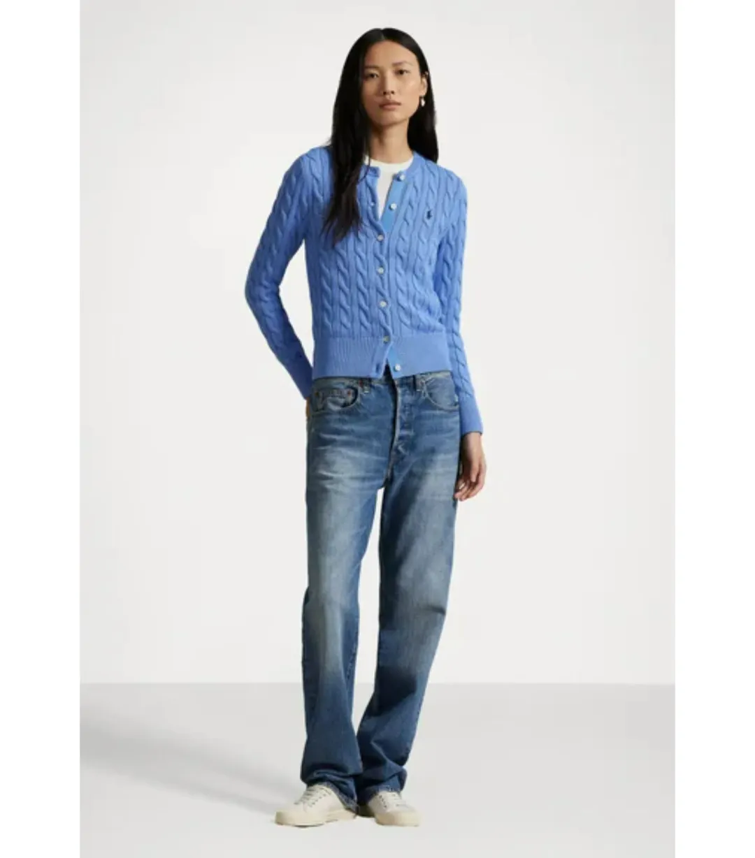 Polo Ralph Lauren Cable-knit Cotton Crewneck Cardigan Blue Size AU 8 for rent on The Volte - main image