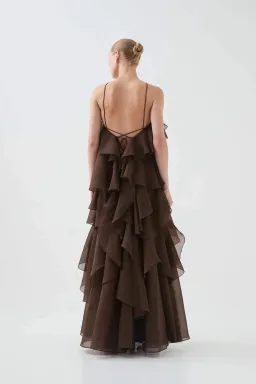 Aje Pandorea Layered Maxi Dress in Carob Size AU 10 for rent on The Volte - image 5