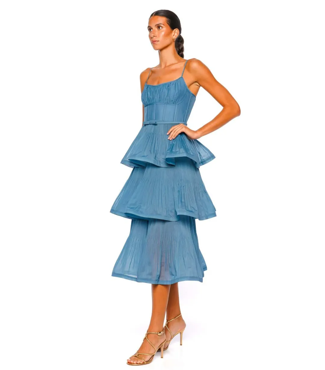 Zimmermann Pleated Tiered Midi Dress Deep Blue 0 / AU 8 for rent on The Volte - main image