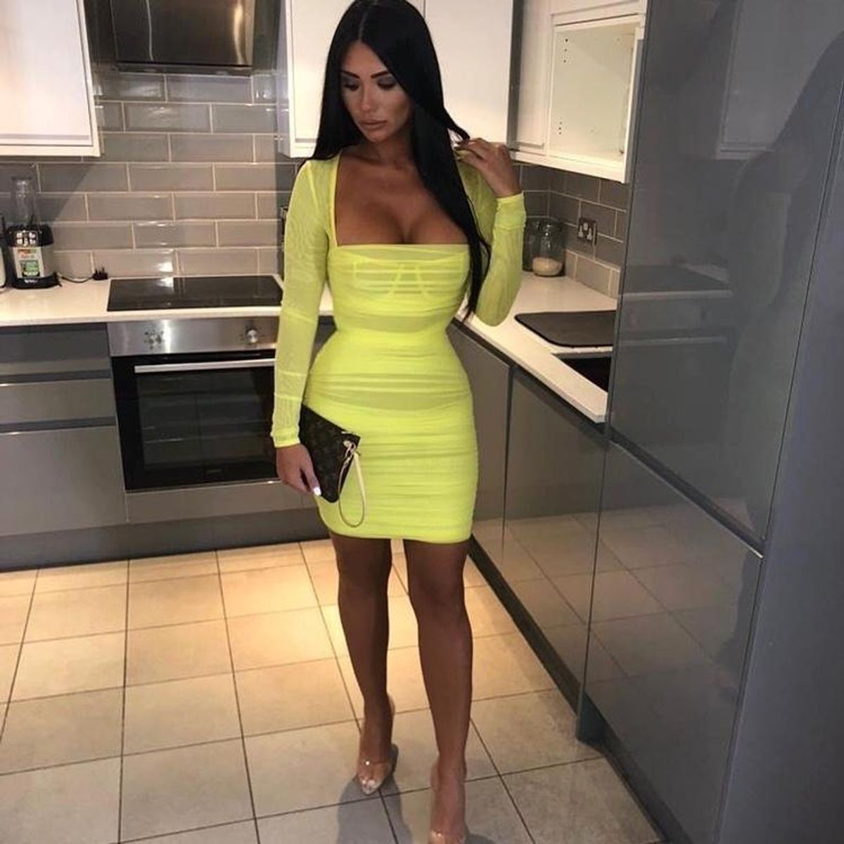 House of CB Valentina Chartreuse Long Sleeve Ruched Organza Mini Dress Yellow Size 6 - Image 1