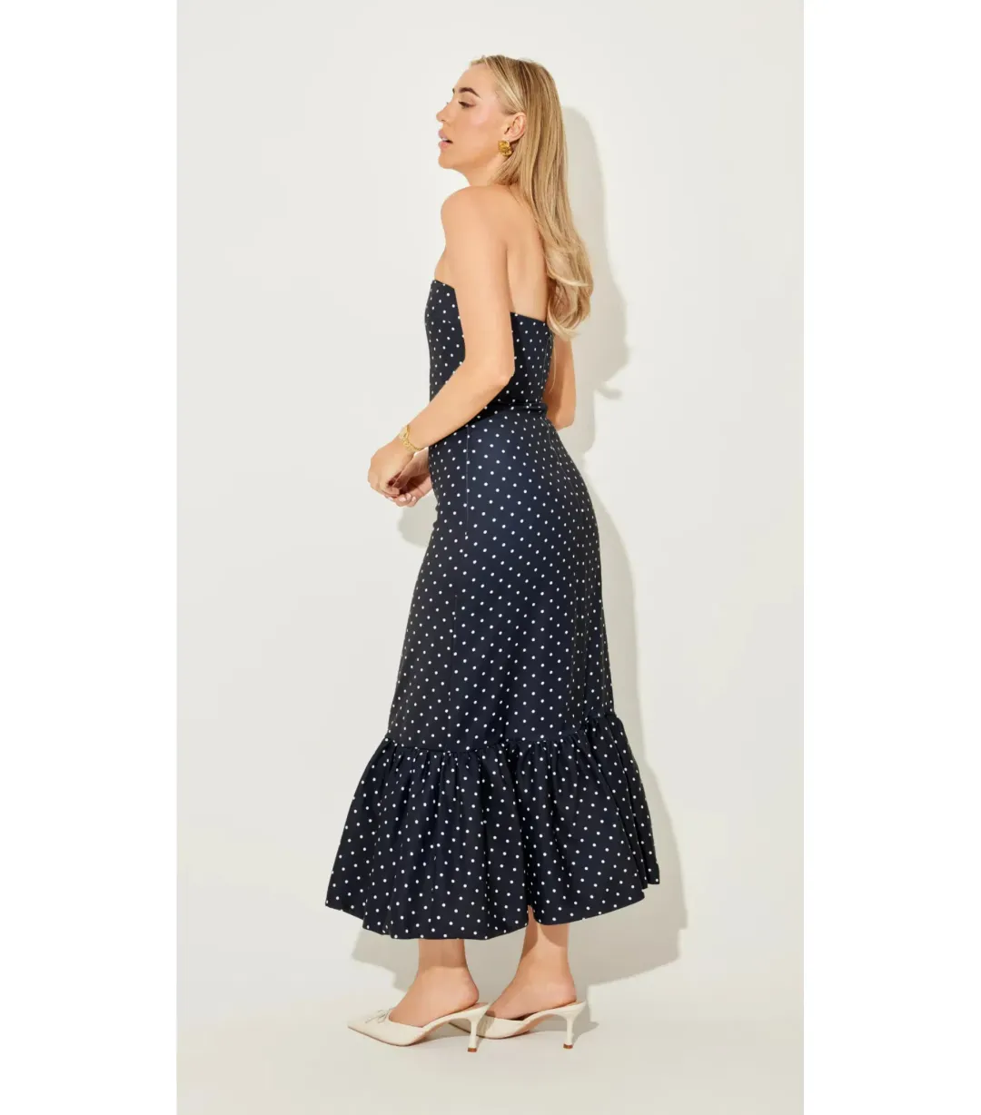 Odd Muse Strapless Peplum Midi Dress in Navy Polka Dot Size M / AU 10 for rent on The Volte - main image