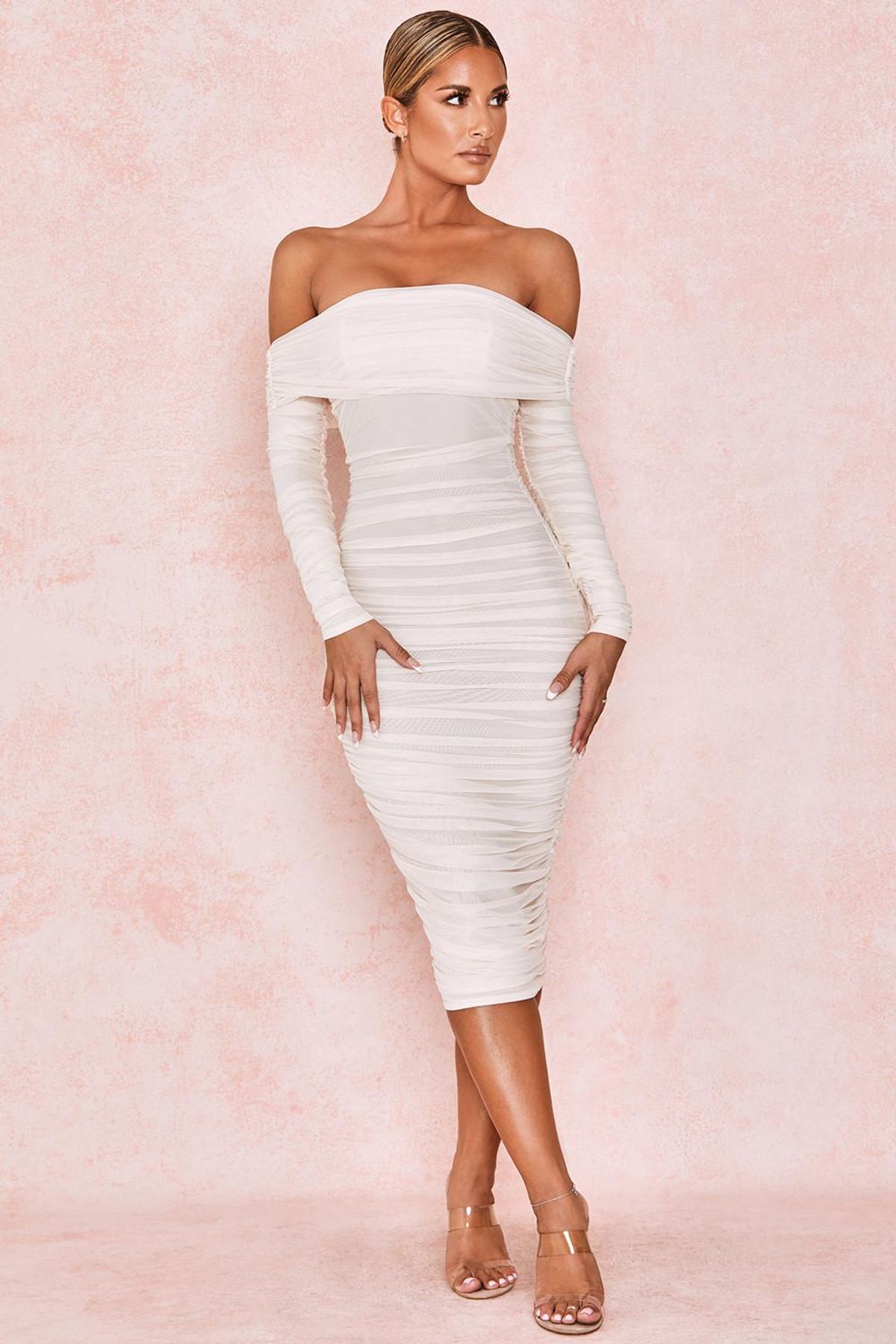 House of CB Anais Off Shoulder Ruched Midi Dress White Size 8 for rent on The Volte - main image