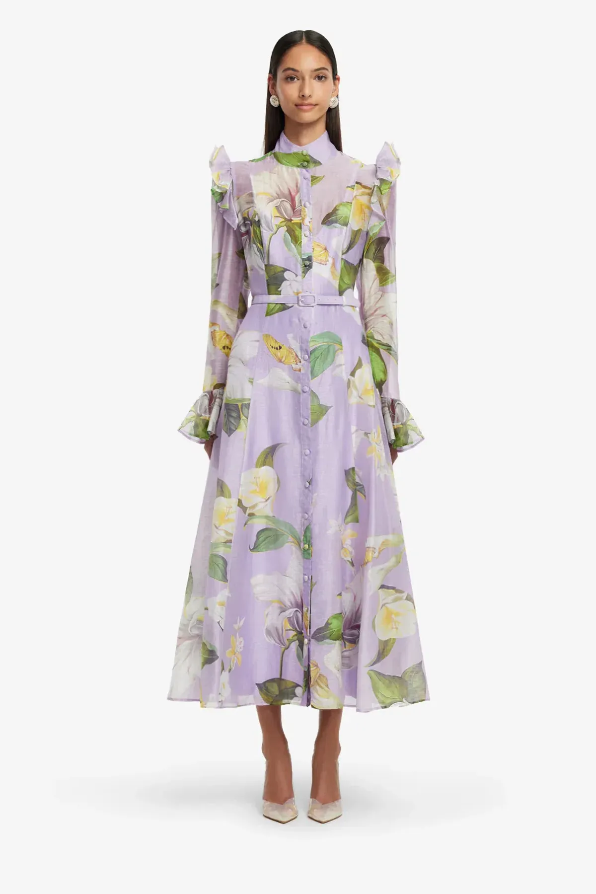 Leo Lin Katrina Butterfly Sleeve Midi Dress Lily Blossom Print in Lilac Size 16 - Image 2