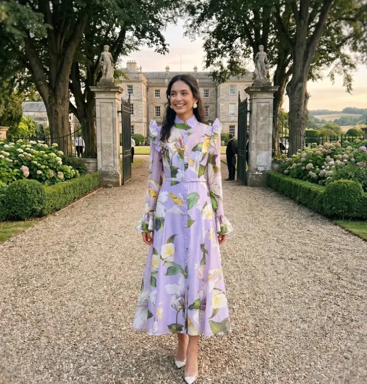 Leo Lin Katrina Butterfly Sleeve Midi Dress Lily Blossom Print in Lilac Size 16 - Image 1