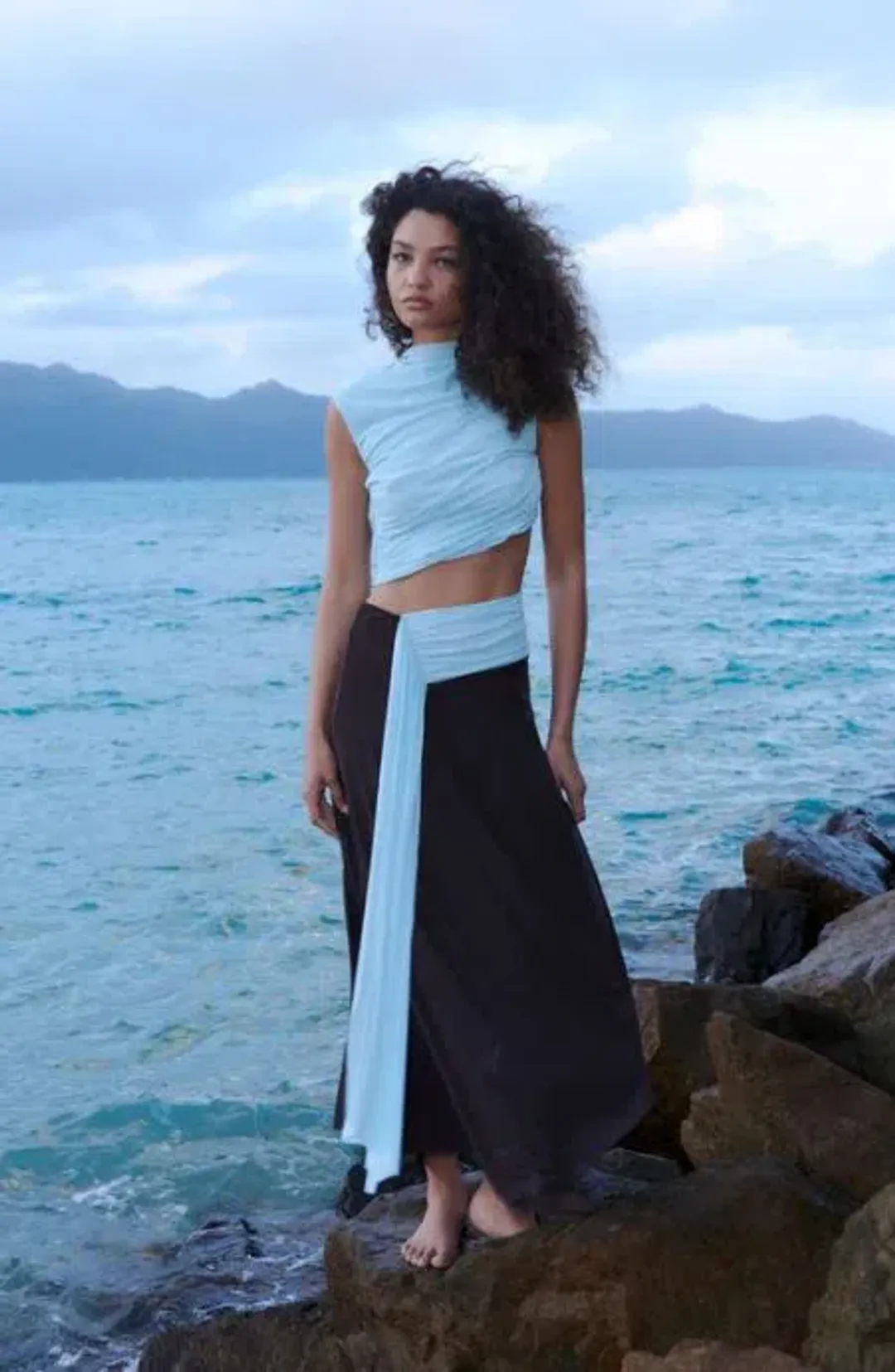 Bec and Bridge Conni Asym Midi Dress in Arctic Blue and Dark Chocolate Size 6 for rent on The Volte - main image