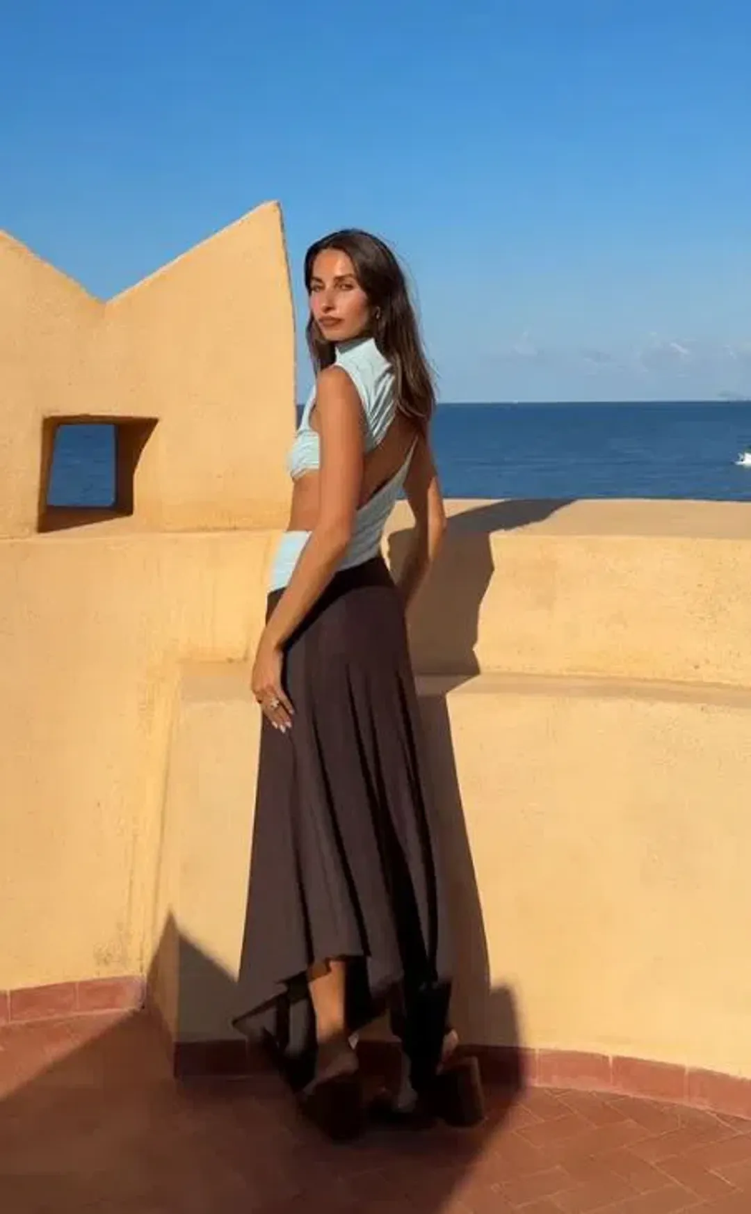 Bec and Bridge Conni Asym Midi Dress in Arctic Blue and Dark Chocolate Size 6 for rent on The Volte - main image