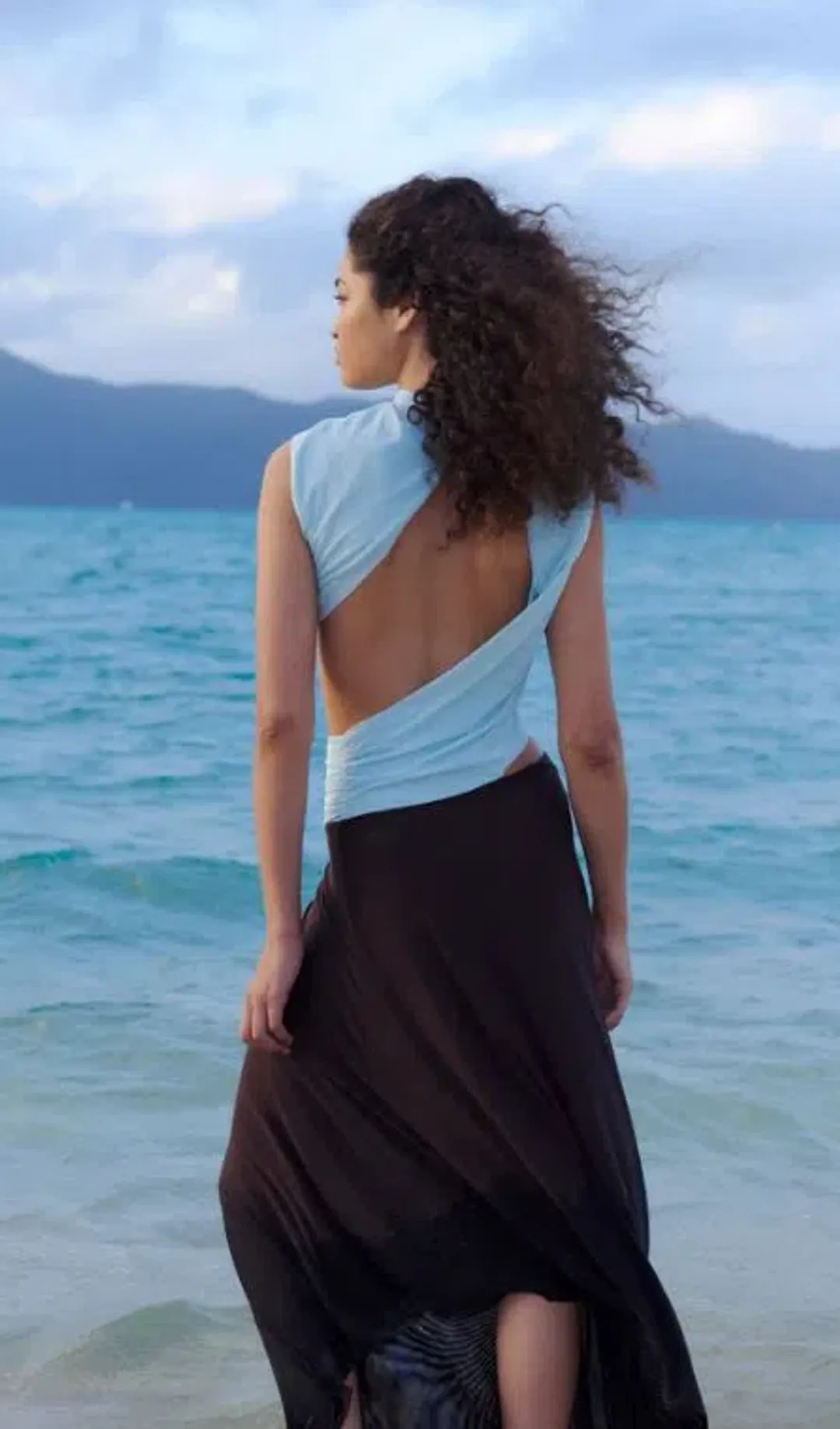 Bec and Bridge Conni Asym Midi Dress in Arctic Blue and Dark Chocolate Size 8 for rent on The Volte - main image