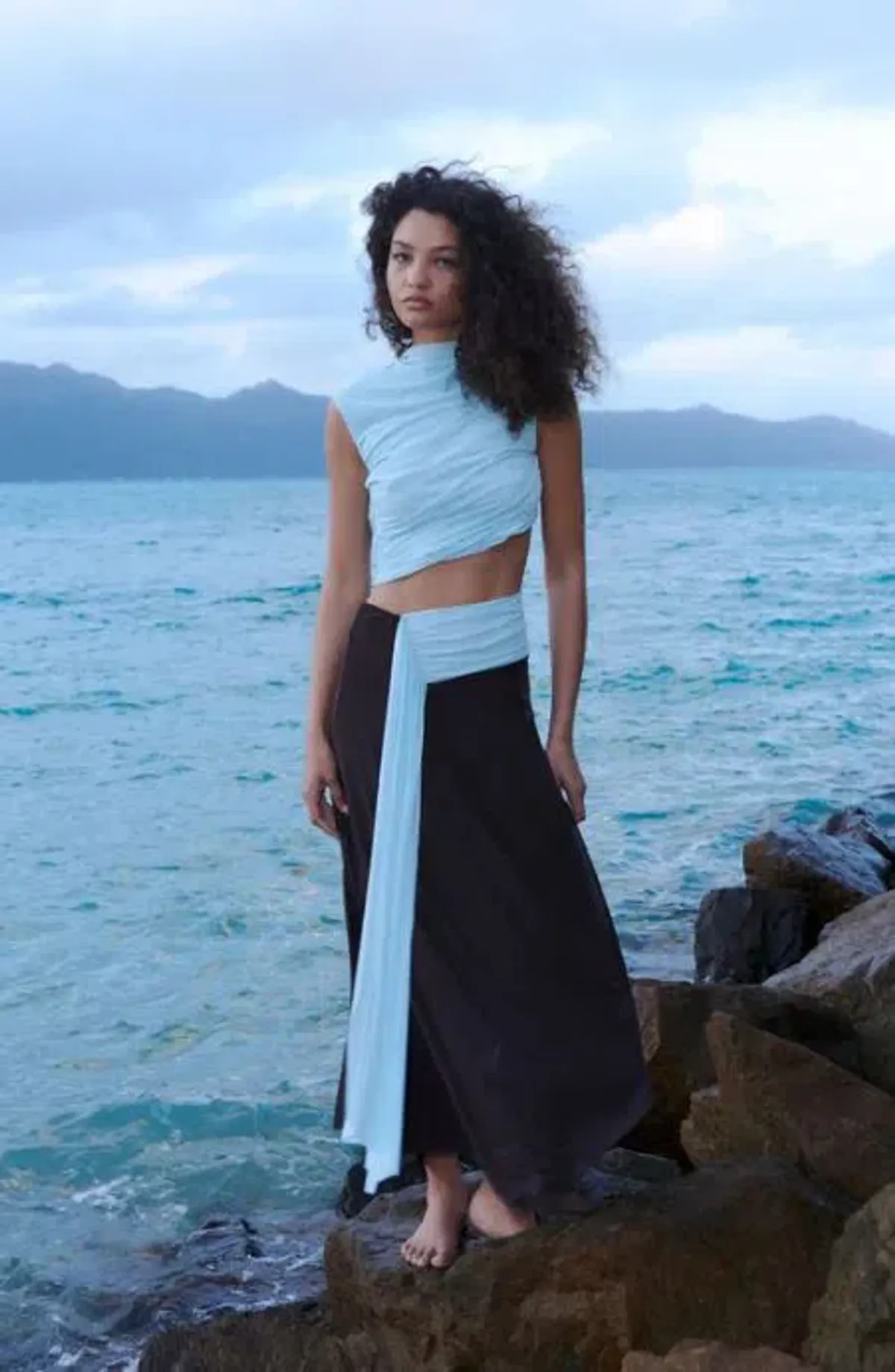 Bec and Bridge Conni Asym Midi Dress in Arctic Blue and Dark Chocolate Size 8 for rent on The Volte - main image