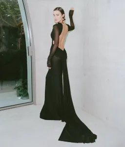 Effie Kats Monaco Long Sleeve Soft Mesh Floor Length Gown Black Size 10 for rent on The Volte - image 3