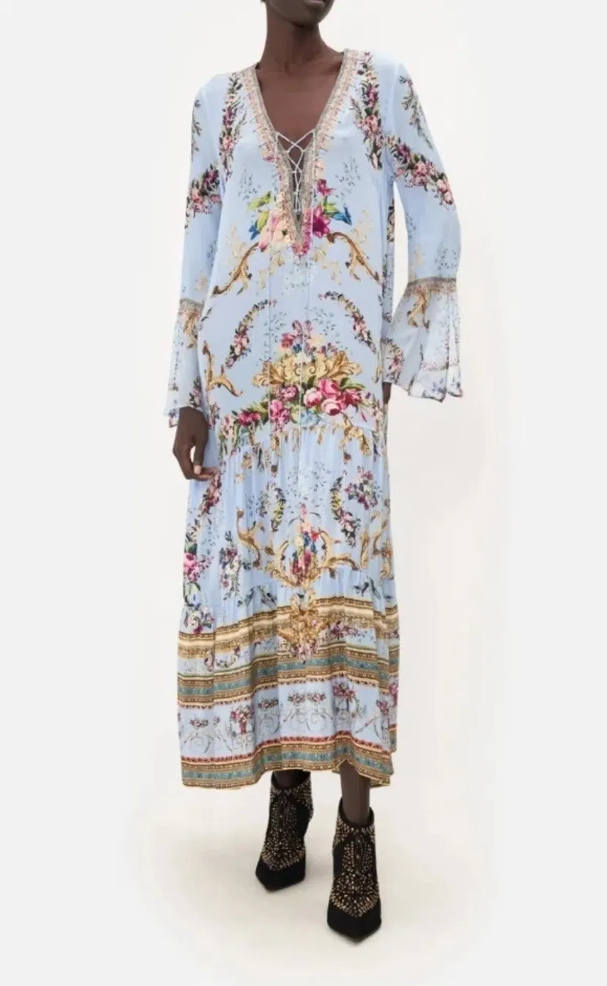 Camilla Lace Up Dress With Tiered Hem Floraful Size XS (8) - Image 1