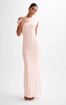 Meshki Cassandra Off Shoulder Slinky Maxi Dress Pale Pink Size XS for rent on The Volte - image 1