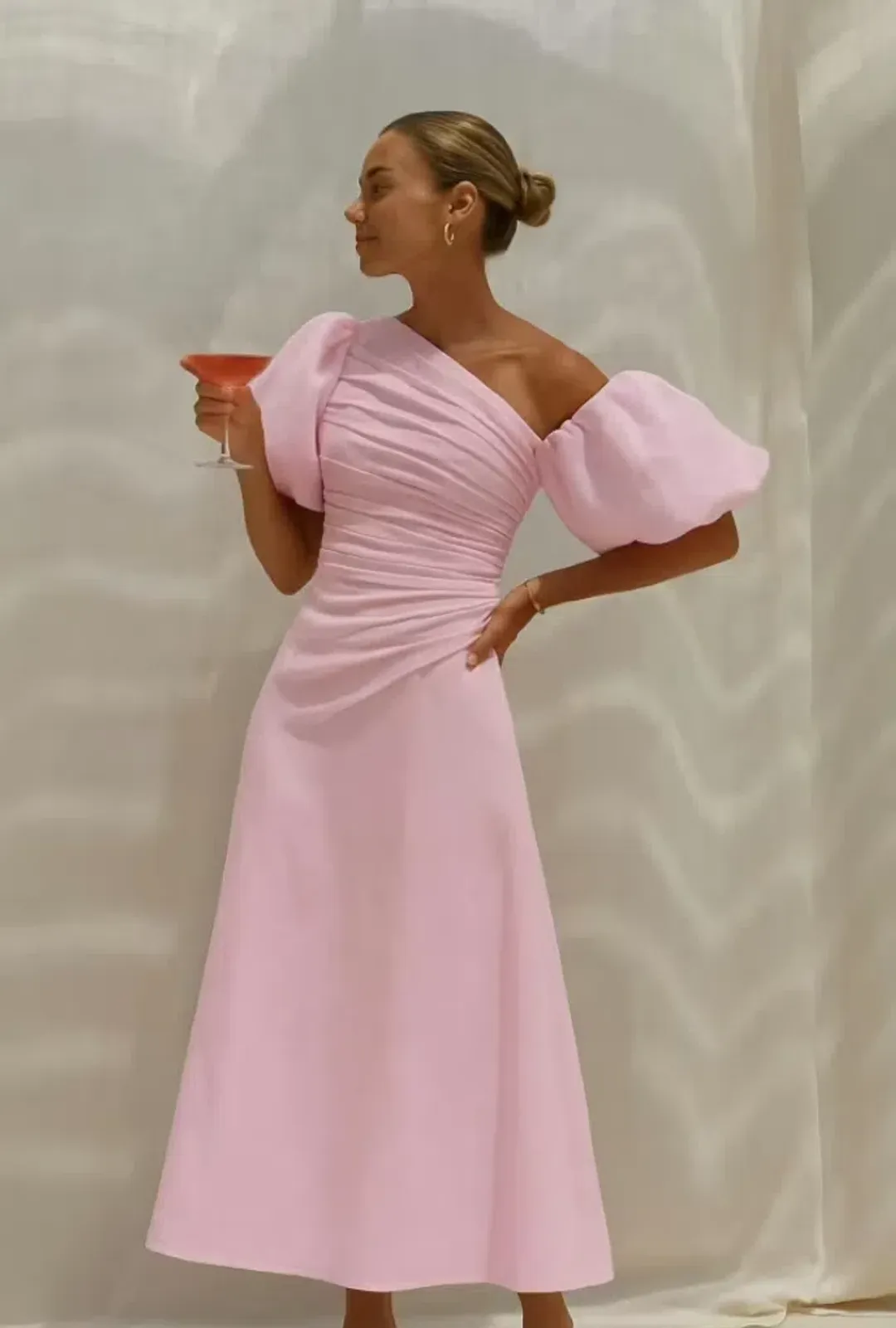 Aje Cadence Ruched Midi Dress in Ballerina Pink Size 8 for rent on The Volte - main image