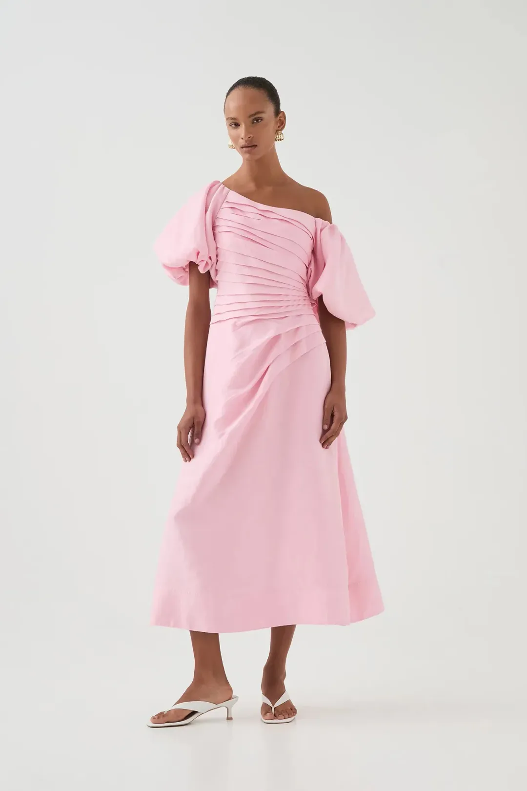 Aje Cadence Ruched Midi Dress / Pink / Size 16 for rent on The Volte - main image