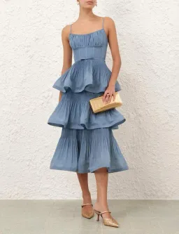Zimmermann Pleated Tiered Midi Dress Blue Size 0 / AU 8 for rent on The Volte - image 1