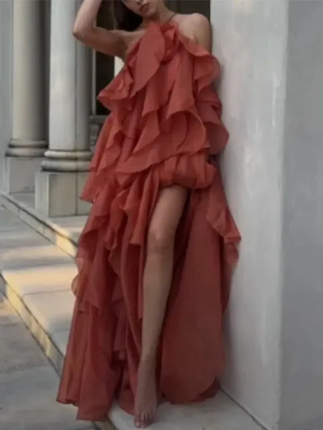 Aje Pandorea Layered Maxi Dress Coral Clay Size AU 16 for rent on The Volte - main image