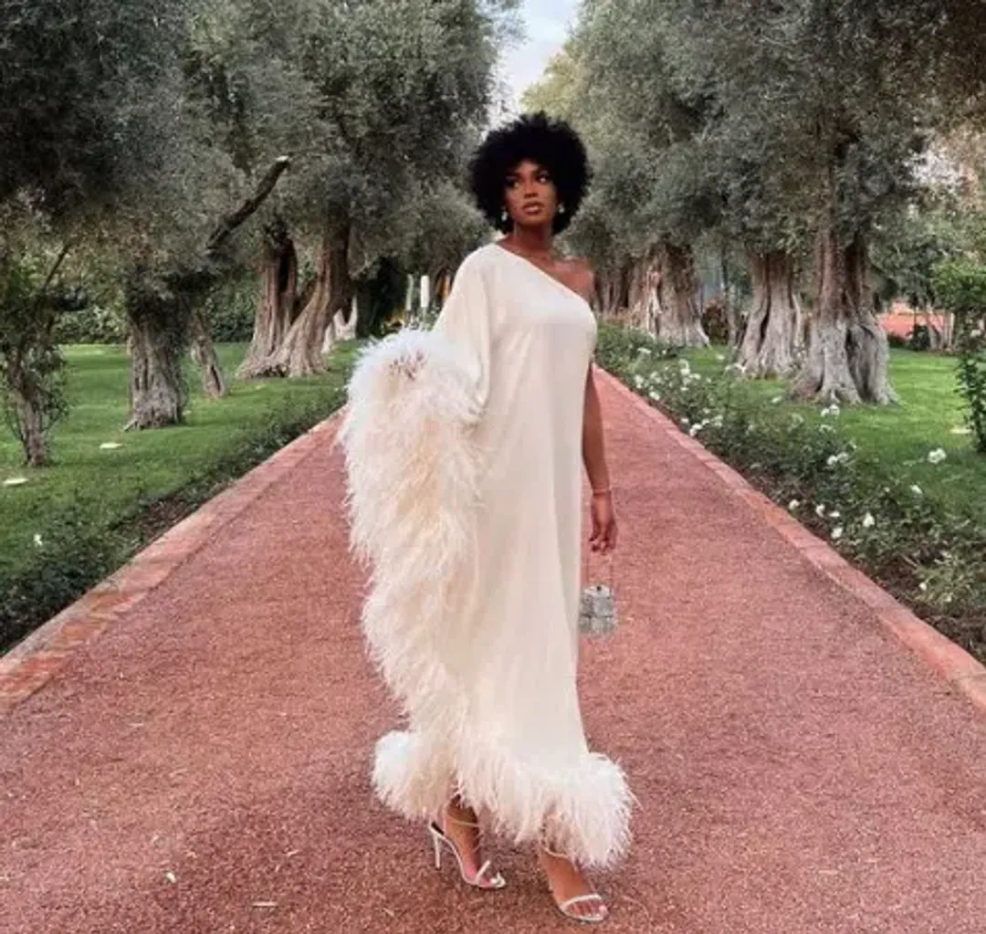 Taller Marmo Ubud One Shoulder Feather Trimmed Crepe Maxi Dress Ivory for rent on The Volte - main image