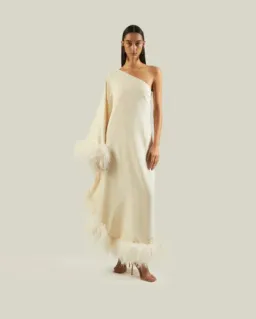 Taller Marmo Ubud One Shoulder Feather Trimmed Crepe Maxi Dress Ivory for rent on The Volte - image 3