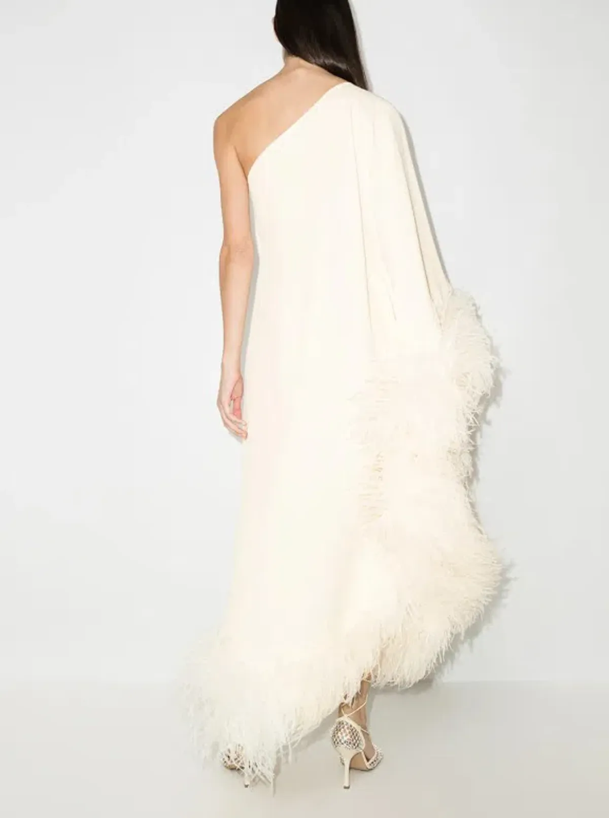Taller Marmo Ubud One Shoulder Feather Trimmed Crepe Maxi Dress Ivory - Image 2